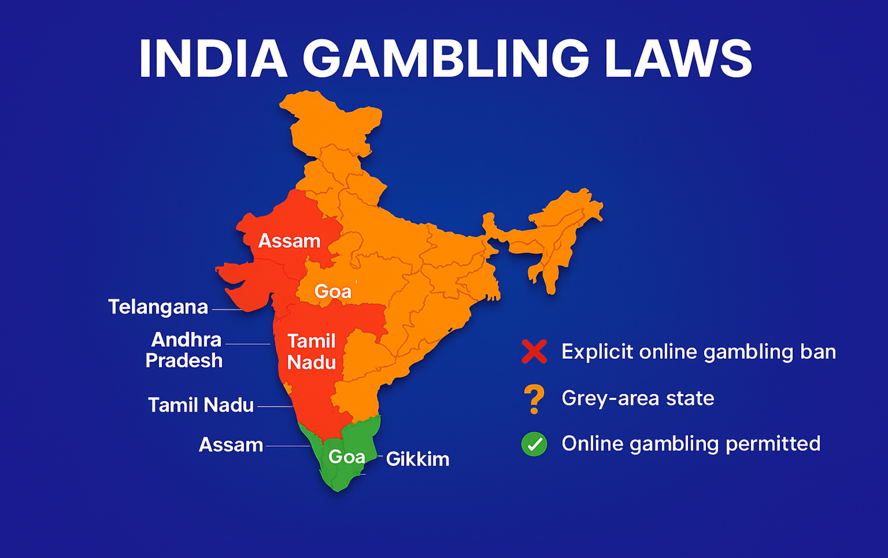 Map of gambling laws across Indian states